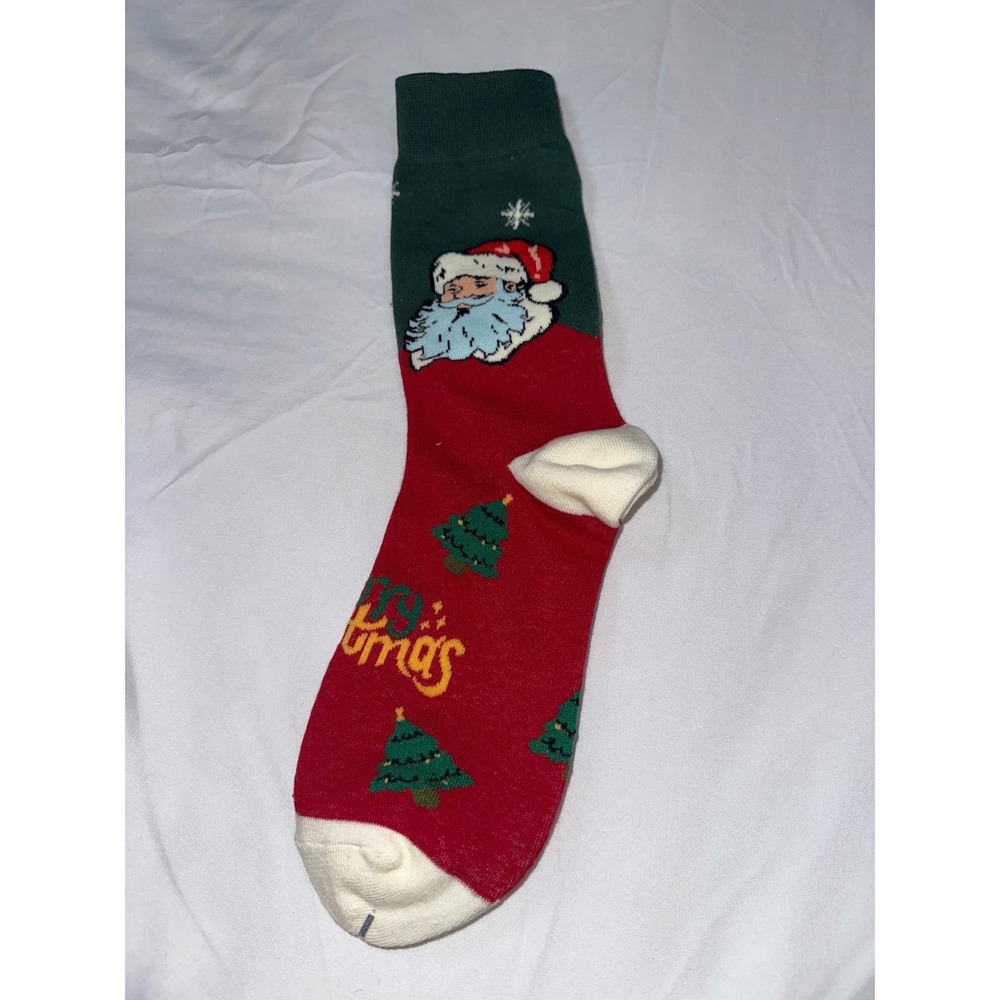 Merry Christmas Santa Claus Holiday Crew Socks Red Green Trees Festive Unisex